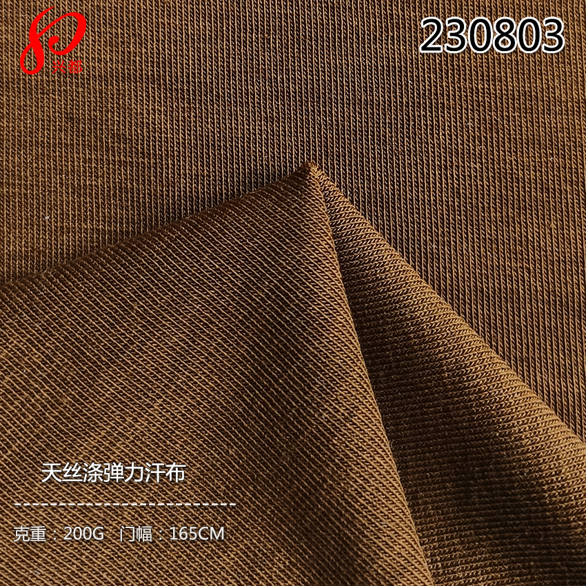 230803针织<i style='color:red'>莱赛尔</i>天丝涤弹力汗布面料 28%天丝64%涤纶8%氨纶T恤面料